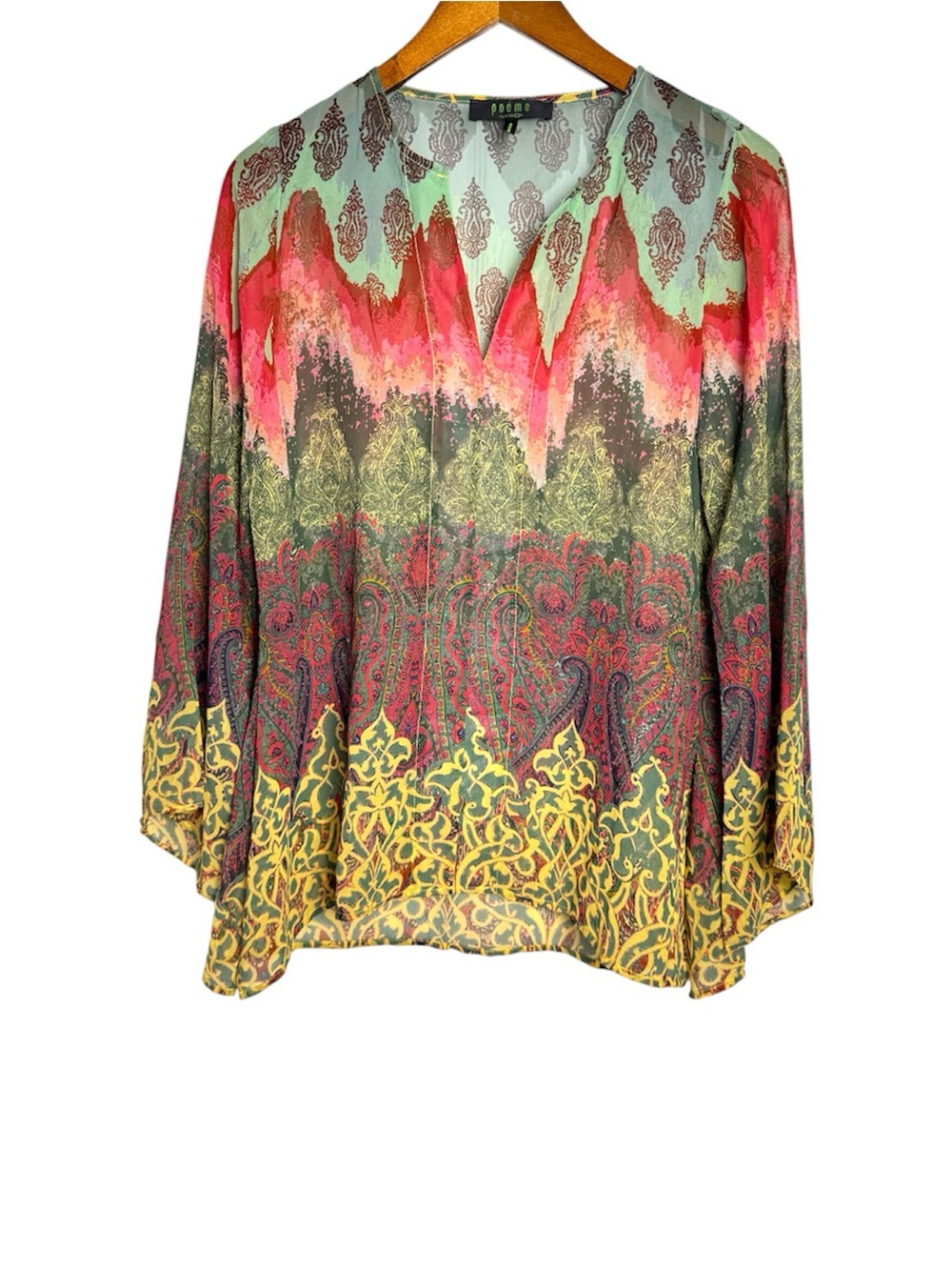 Poeme Sheer Long Sleeve Multicolor Tunic Top Size Small Boho Vibrantt